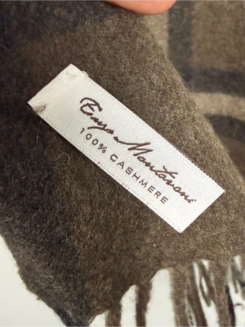 Enzo Mantovani Cashmere Plaid Fringe Brown Scarf